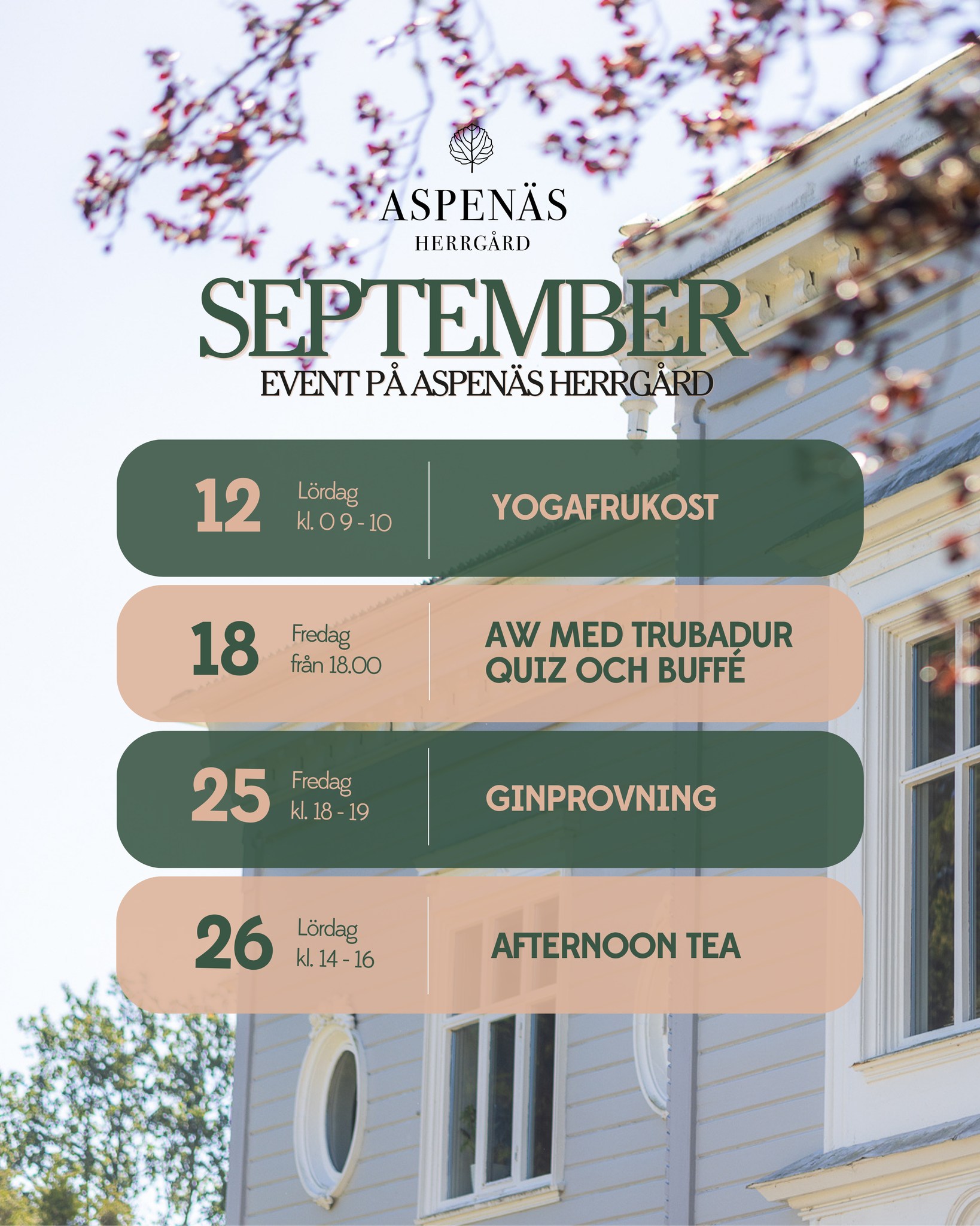 Vad händer på Aspenäs i september? Ja, en hel del! 🍂

Vi har event för alla tillfällen, bjud med någon du tycker om och njut av en minnesvärd stund  tillsammans.

Boka din plats redan nu , se länk i bio! 🥂